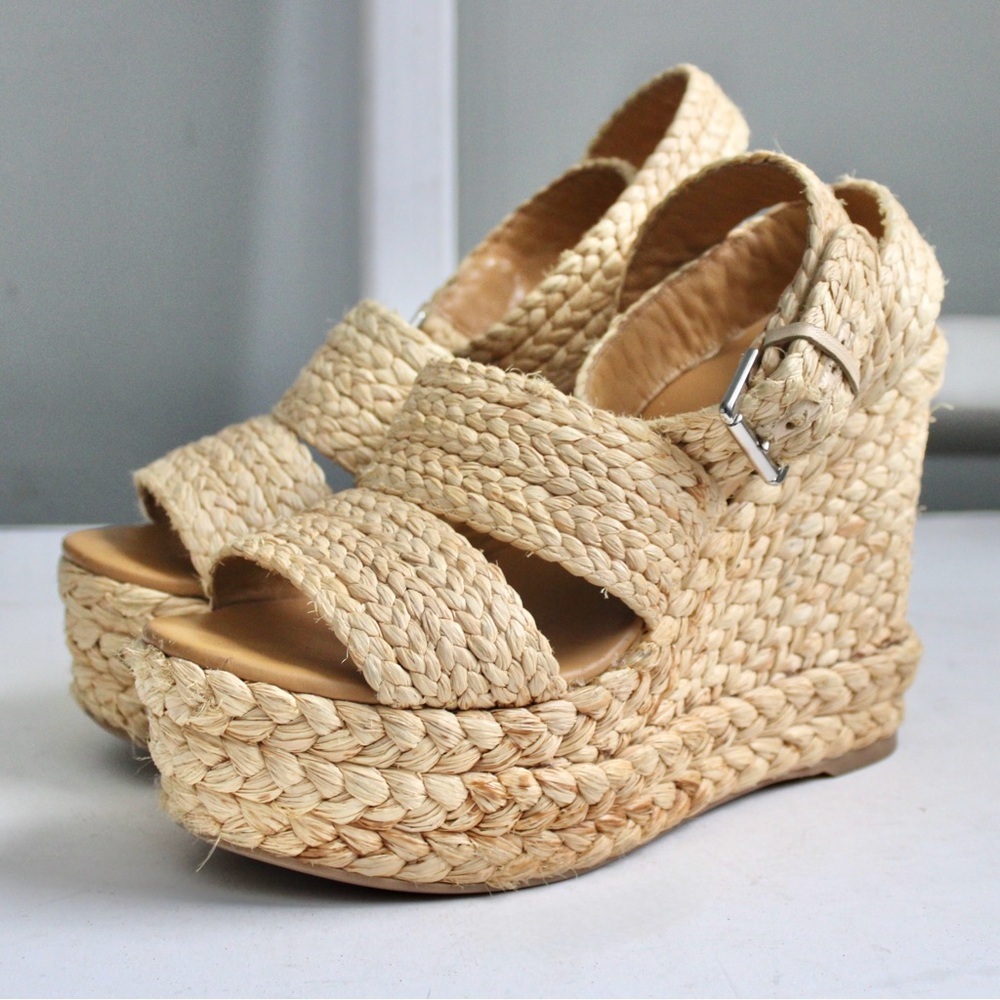 POLO Ralph Lauren Tan Woven Raffia Wicker Wedge Sandal Heels Spain Size 39.5 / 9 - Picture 2 of 8